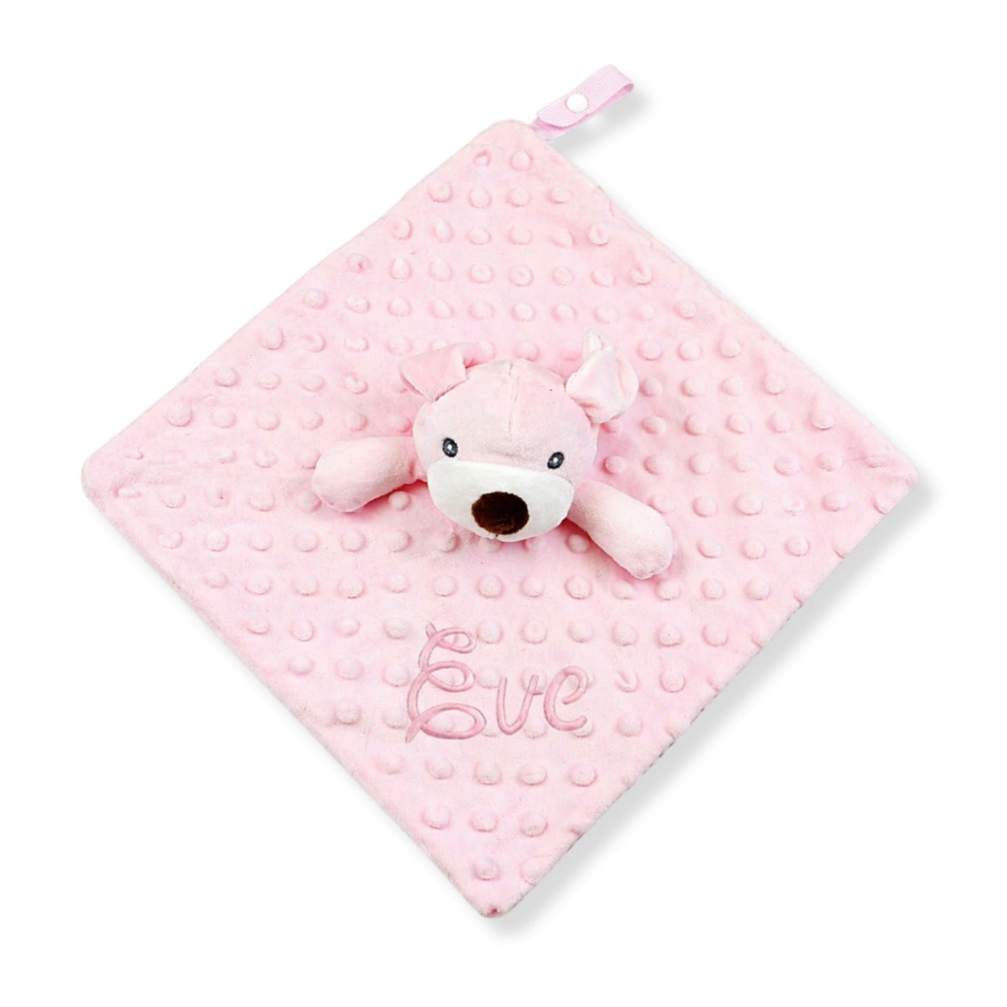 Personalised pink baby comforter with embroidered name and plush puppy head on soft textured blanket