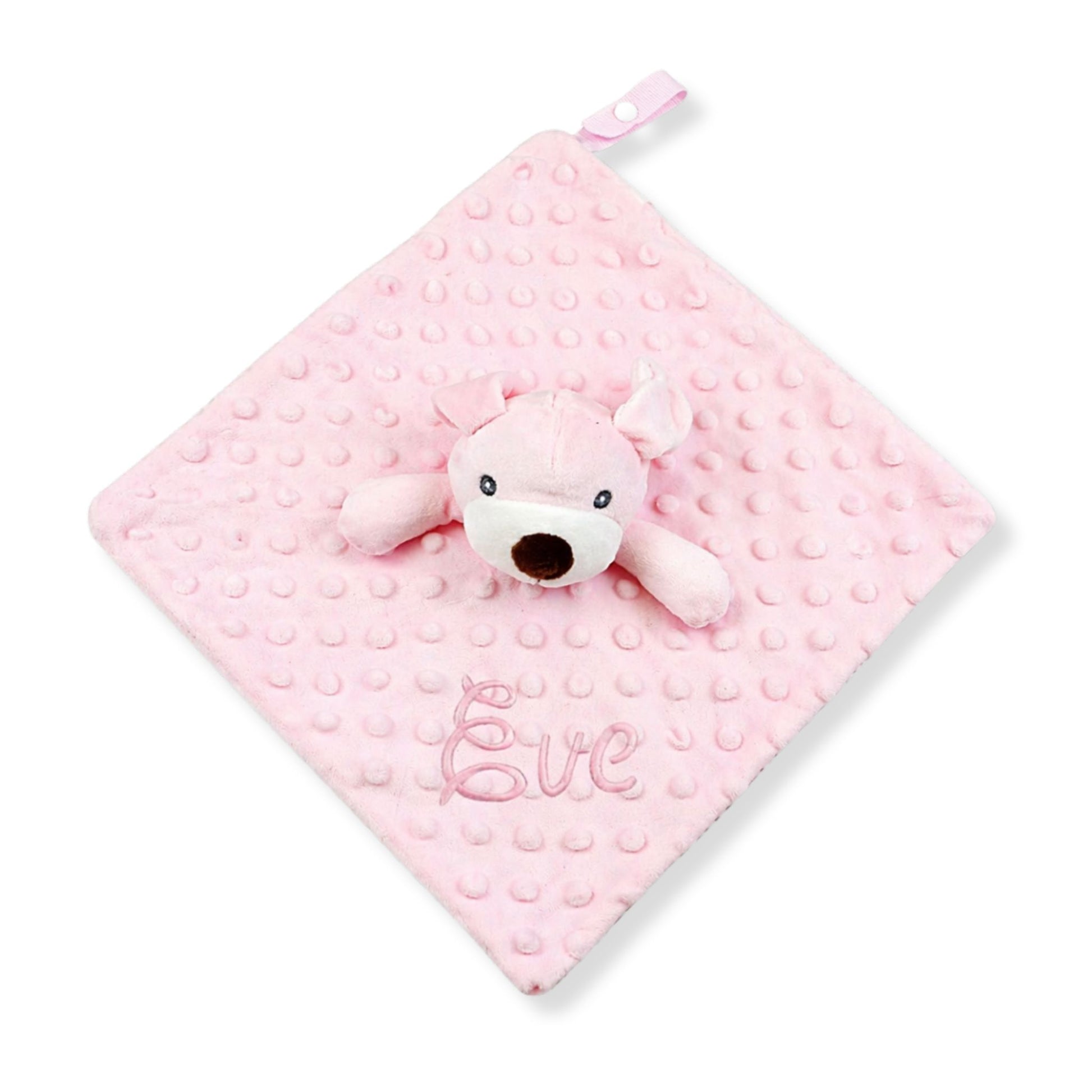 Personalised pink baby comforter with embroidered name and plush puppy head on soft textured blanket