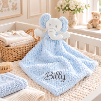 Personalised Blue Elephant Comforter with Crinkle Ears