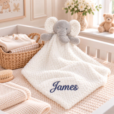 Personalised Baby Elephant Comforter with Crinkle Ears – White