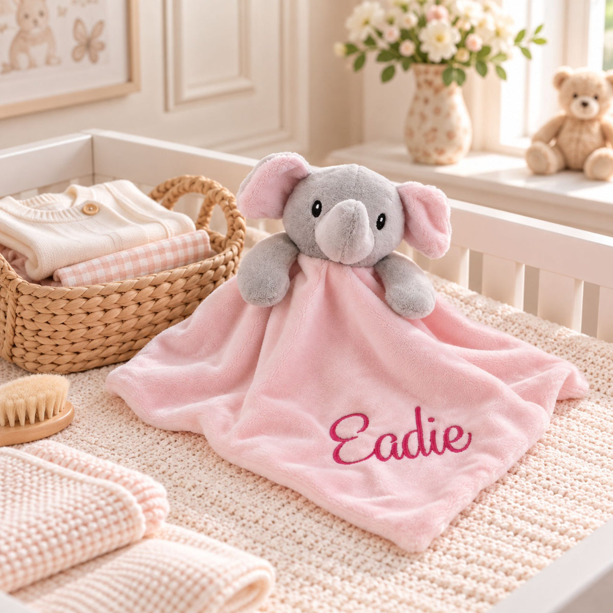 A pink plush baby lovey blanket with an elephant head and the name 'Eadie' embroidered in pink on the corner, styled in a soft nursery setting.