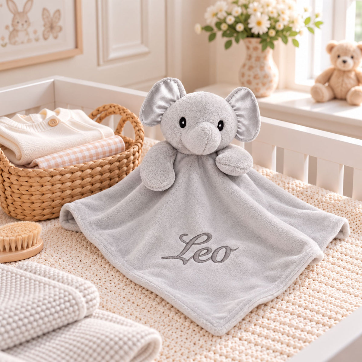 A personalized baby comforter featuring a plush elephant head and a soft gray blanket with the name 'Leo' embroidered on it, styled on a baby bed in a nursery setting.