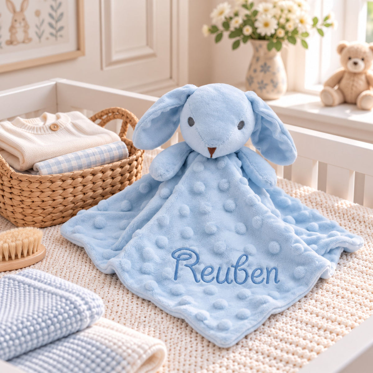A light blue plush bunny lovey blanket with a textured bubble surface and the name 'Reuben' embroidered in blue on the front, styled in a baby nursery setting.