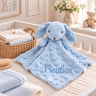Personalised Baby Blue Rabbit Comforter with Name Embroidery