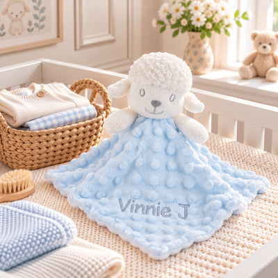 Personalised Blue Lamb Baby Comforter with Embroidered Name