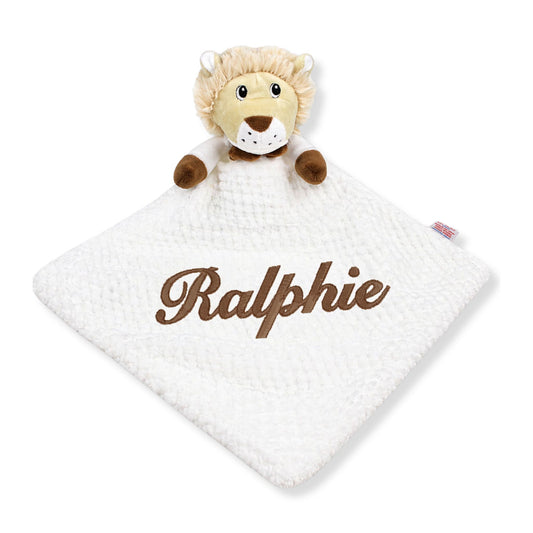 Personalised lion baby comforter with embroidered name in soft white plush fabric