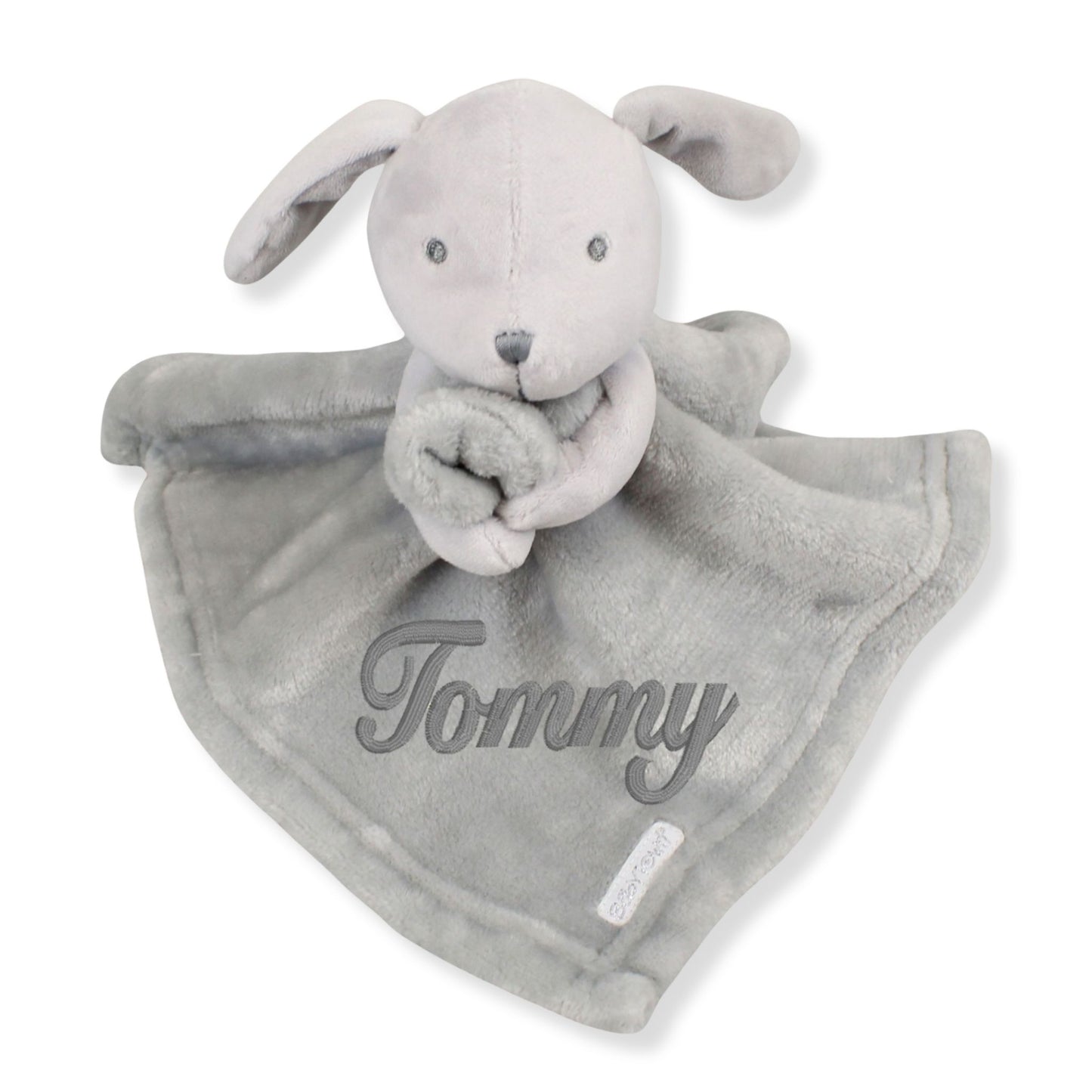 Personalised grey baby comforter with embroidered name and plush puppy head on soft blanket