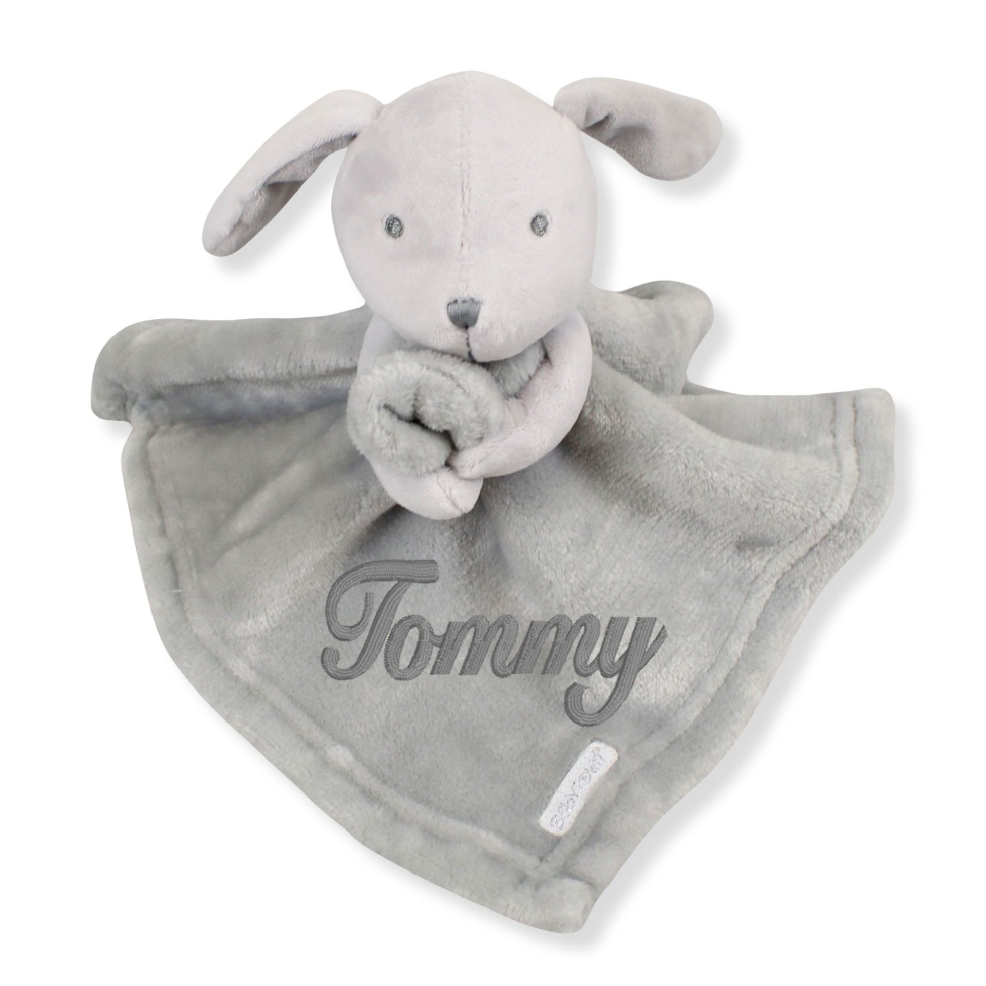 Personalised grey baby comforter with embroidered name and plush puppy head on soft blanket