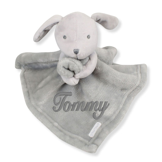 Personalised grey baby comforter with embroidered name and plush puppy head on soft blanket