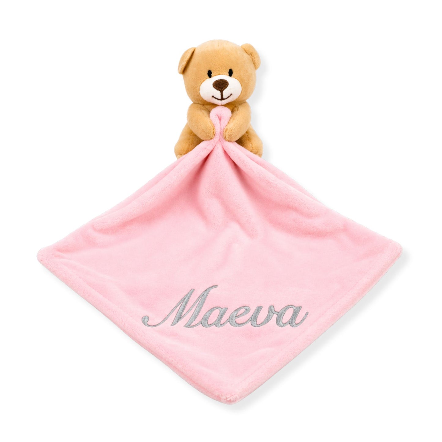 Personalised pink teddy baby comforter with embroidered name on soft plush fabric