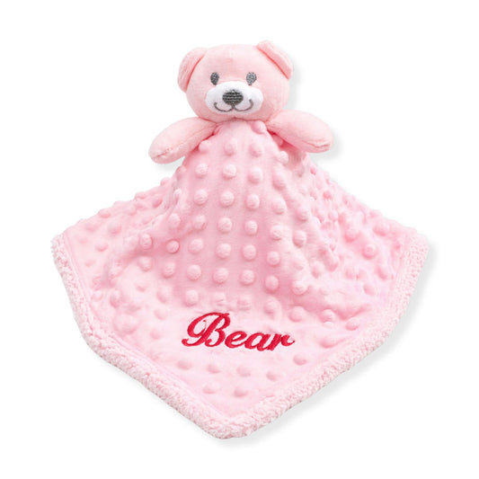 Personalised pink teddy baby comforter with textured plush fabric and embroidered name