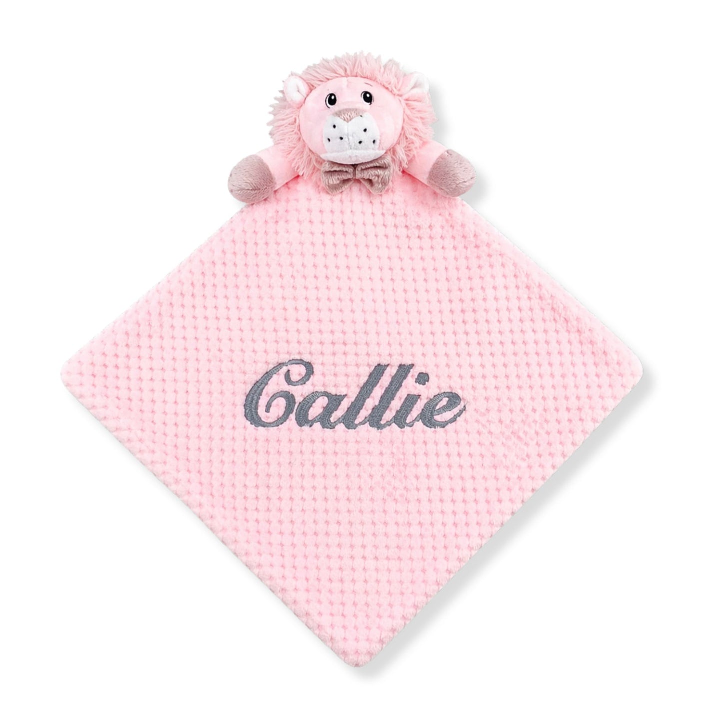 Personalised pink lion baby comforter with embroidered name in soft plush fabric