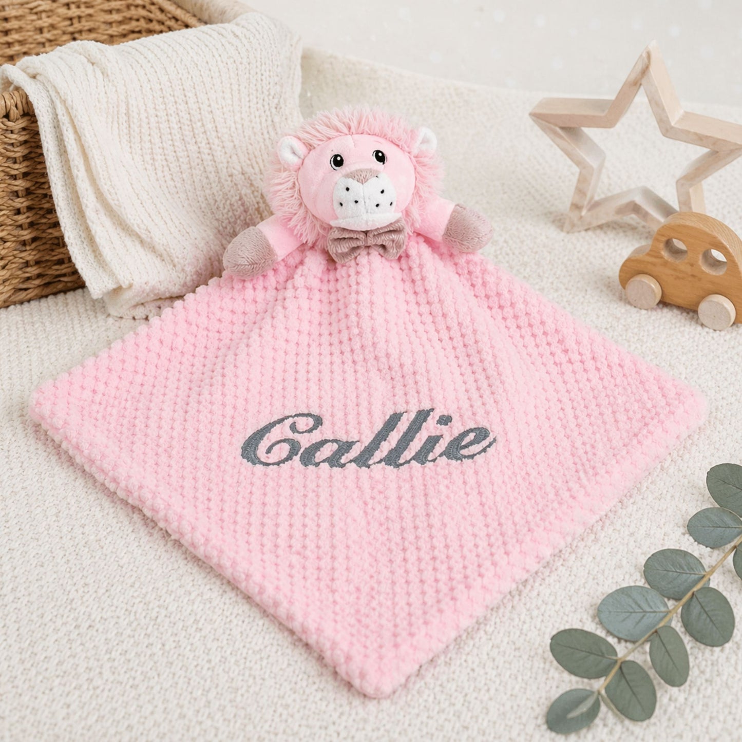 Personalised Pink Lion Baby Comforter with Embroidered Name
