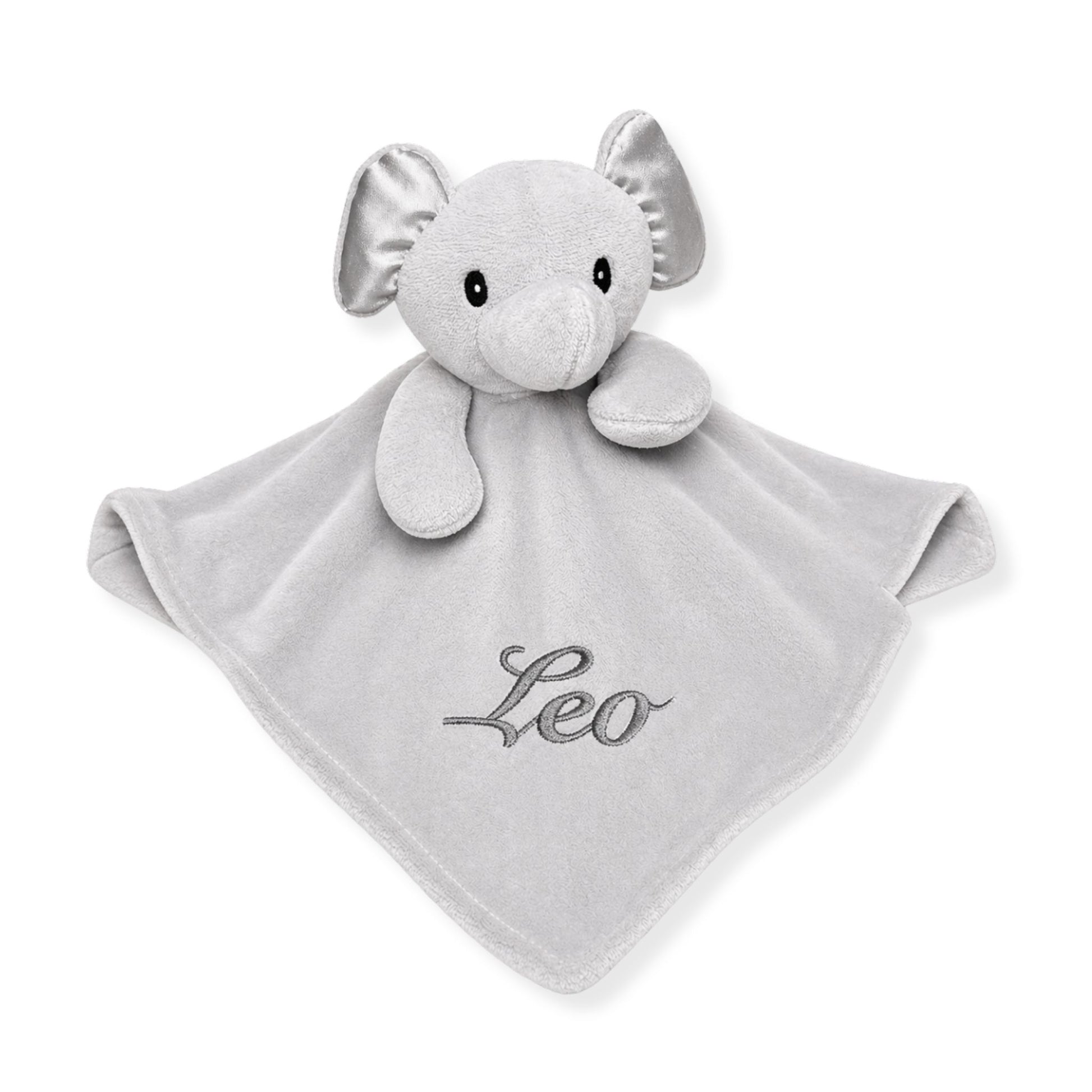 Personalised grey elephant baby comforter with embroidered name on soft plush fabric