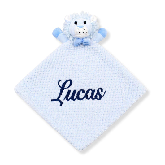 Personalised blue lion baby comforter with embroidered name in soft plush fabric