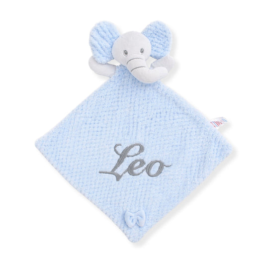 Personalised blue elephant baby comforter with crinkle ears and embroidered name