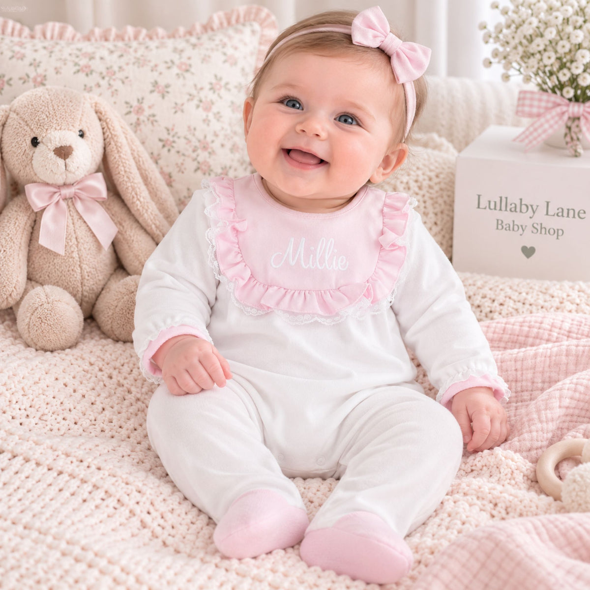 A baby girl sitting on a pink knit blanket, wearing a white footed romper with a pink ruffled bib collar and matching pink booties. She has a pink bow headband and is posed next to a plush bunny toy and a decorative box that reads 'Lullaby Lane Baby Shop'.