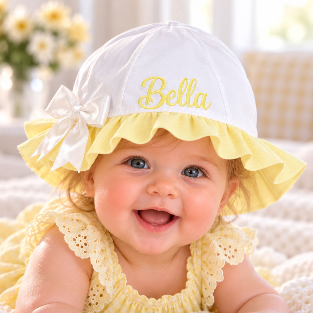 A baby wearing a white and pale yellow sun hat with a large white bow and the name 'Bella' embroidered in yellow on the front, posed in a bright indoor setting.