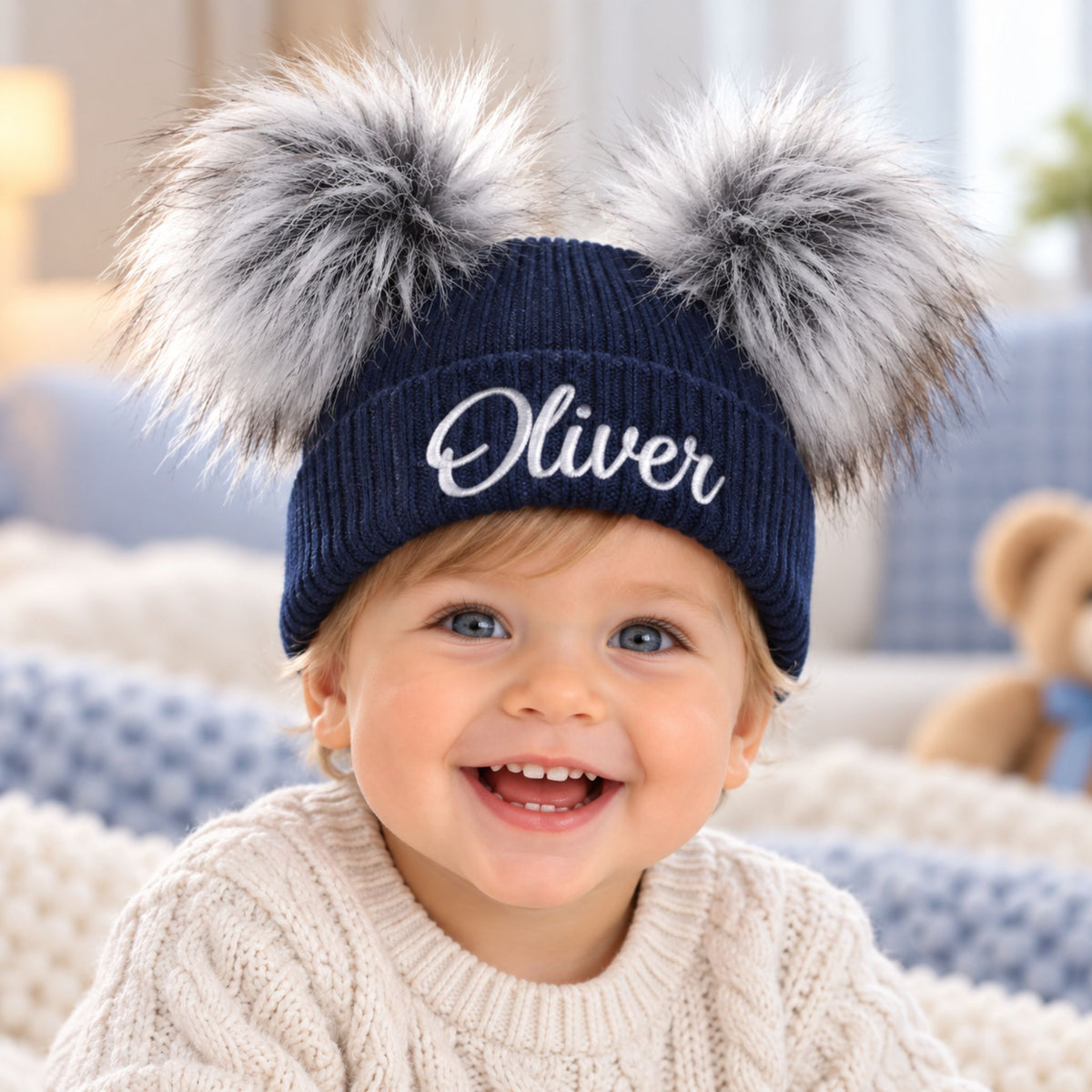 Personalised Navy Blue Double Pom Pom Baby Hat (6–12 Months)