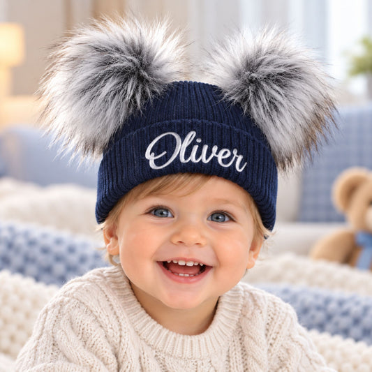Personalised Navy Blue Double Pom Pom Baby Hat (6–12 Months)