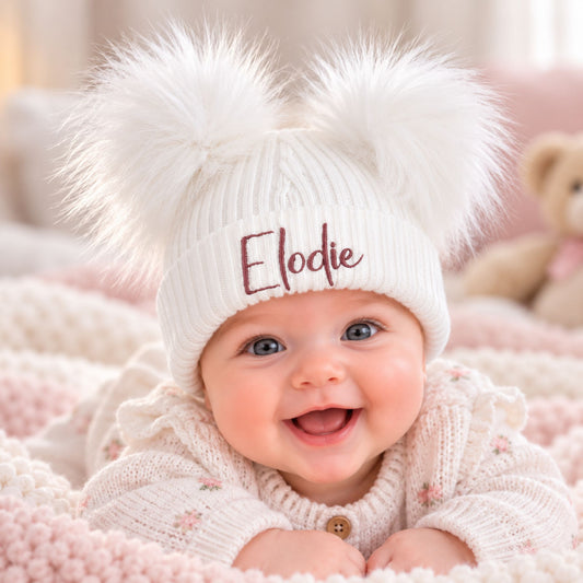 Personalised Baby Pom Hat – White Double Pom | Unisex | Newborn & 0–6 Months