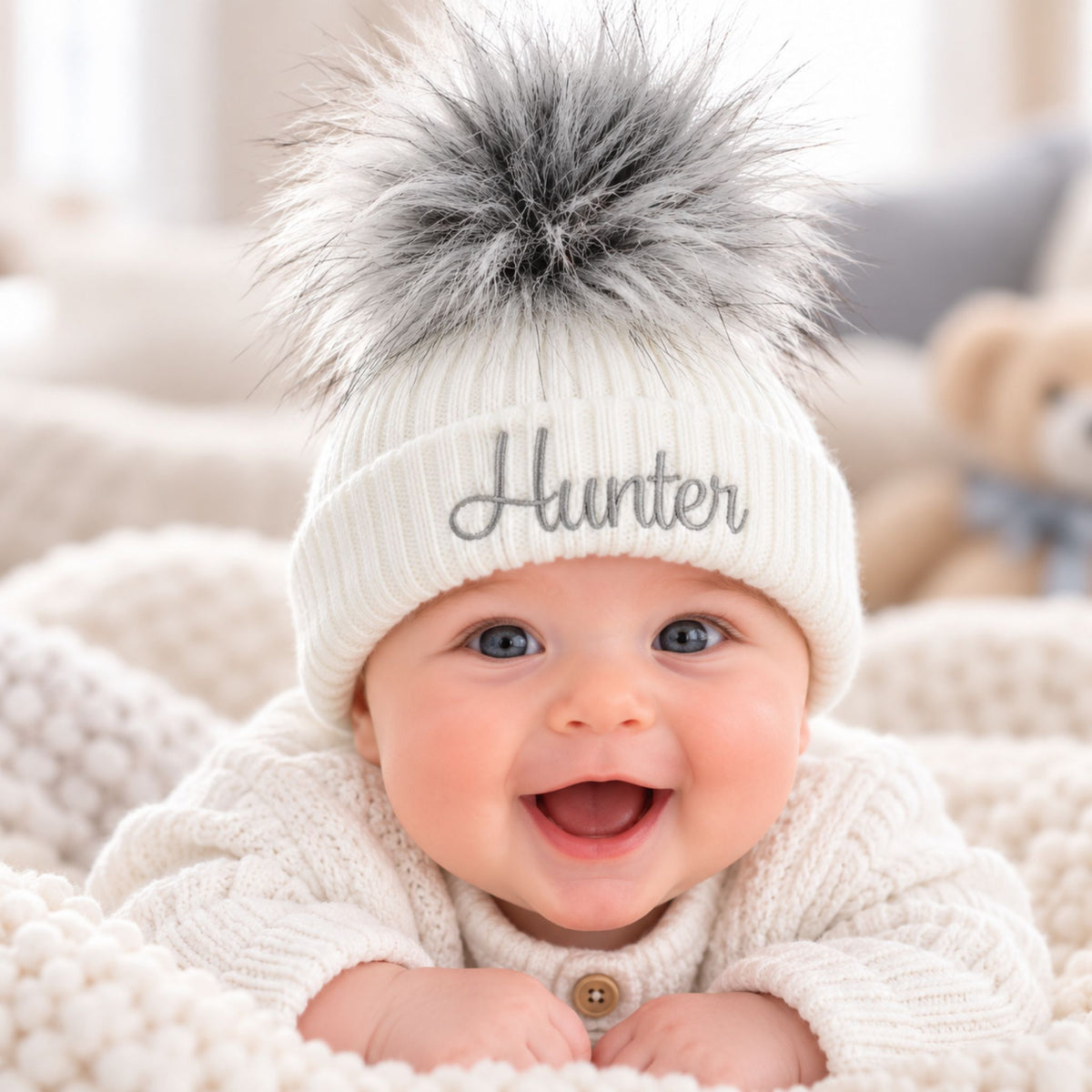 Personalised Baby Hat - White Pom Pom Hat Unisex