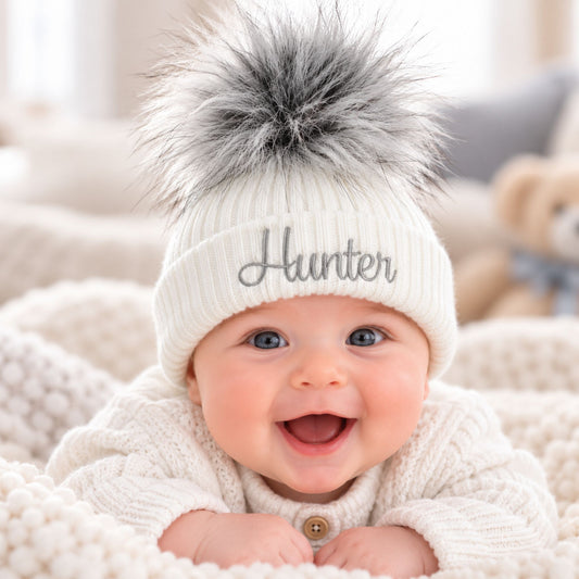Personalised Baby Hat - White Pom Pom Hat Unisex