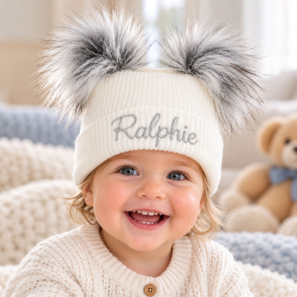 Personalised Baby Double Pom Pom Hat with Grey Faux Fur Poms (6–12 Months)