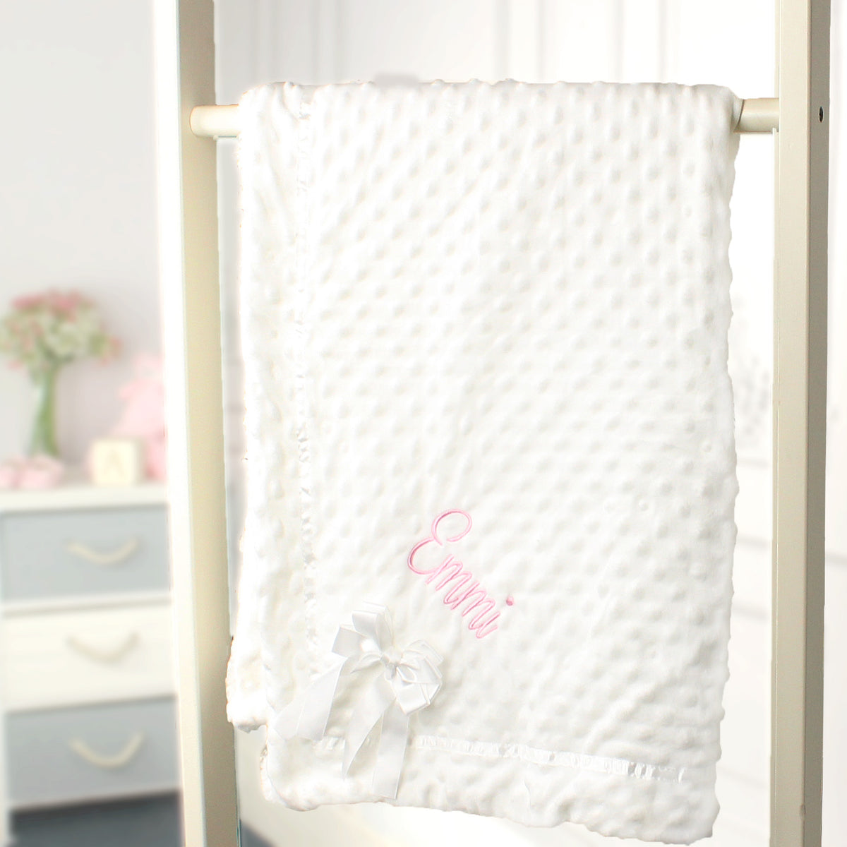 Personalised White Dimple Baby Blanket with Satin Bow