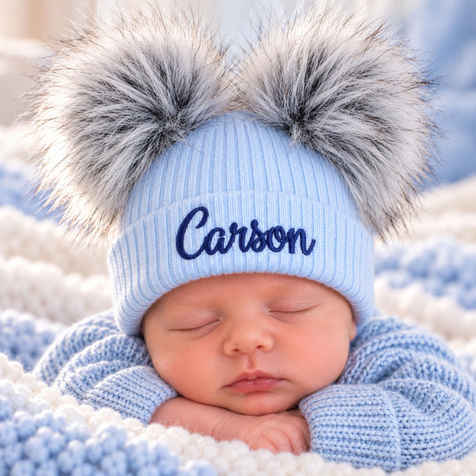 Personalised Baby Hat - Baby Blue Double Pom