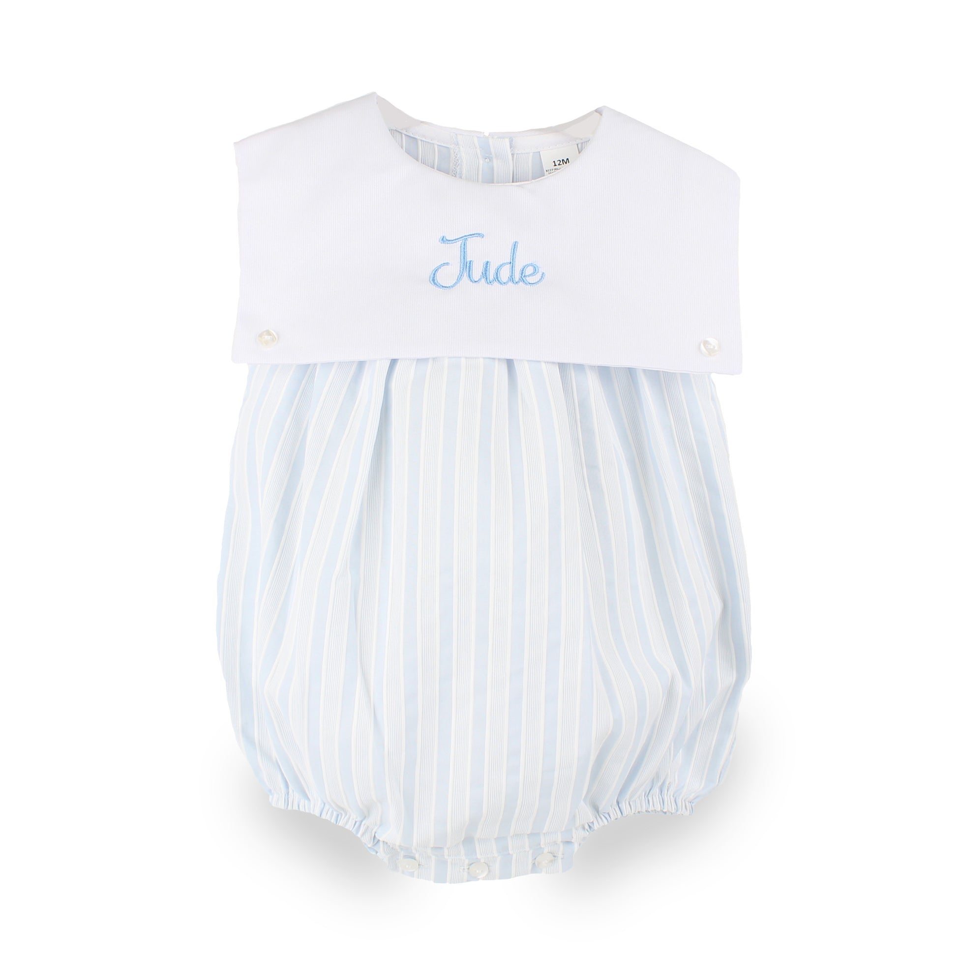 Personalised baby boys blue and white striped bubble romper embroidered with the name Jude on the white front panel.