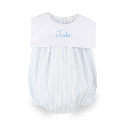 Personalised Baby Boys Blue & White Stripe Bubble Romper | Made in Portugal