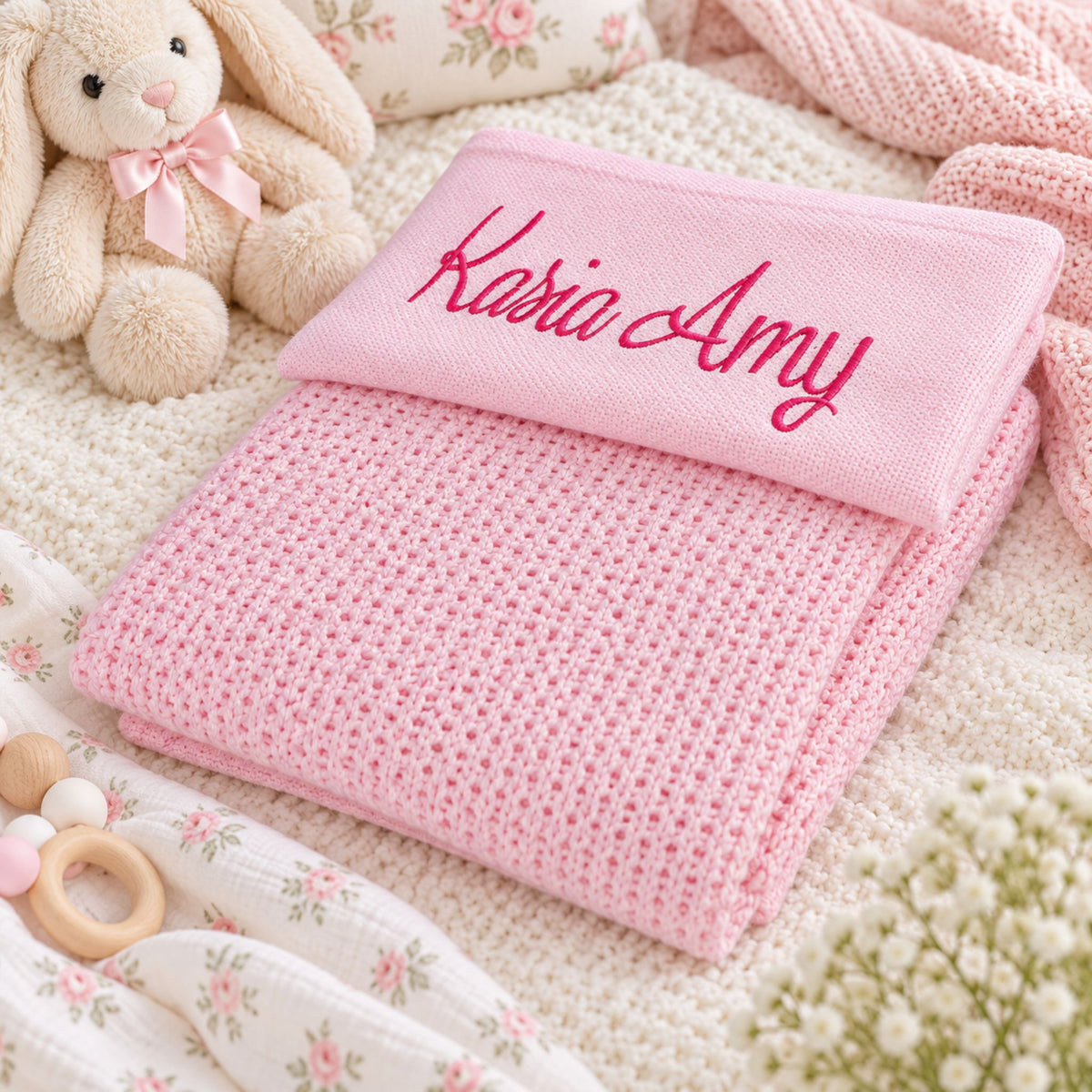 Personalised Pink Cellular Baby Blanket with Name