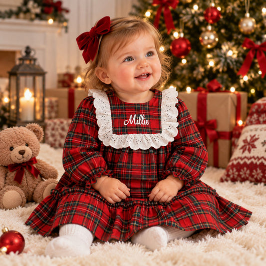 Personalised Baby Girls Red Tartan Christmas Dress by Rapife