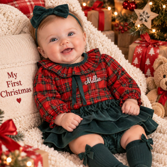 Personalised Baby Girls Red Tartan Christmas Skirt Set by Rapife