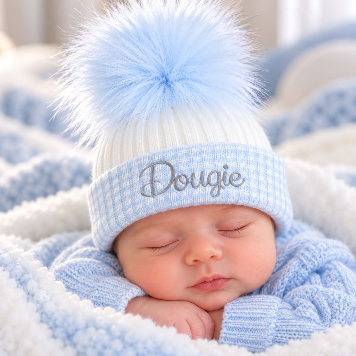 Personalised White & Blue Pom Pom Newborn Baby Hat
