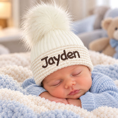 Personalised Off White & Beige Pom Pom Newborn Baby Hat