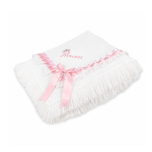 A white luxury baby girl shawl with 'Princess' embroidery and pink satin trim, featuring pink satin bows and fringed edges.