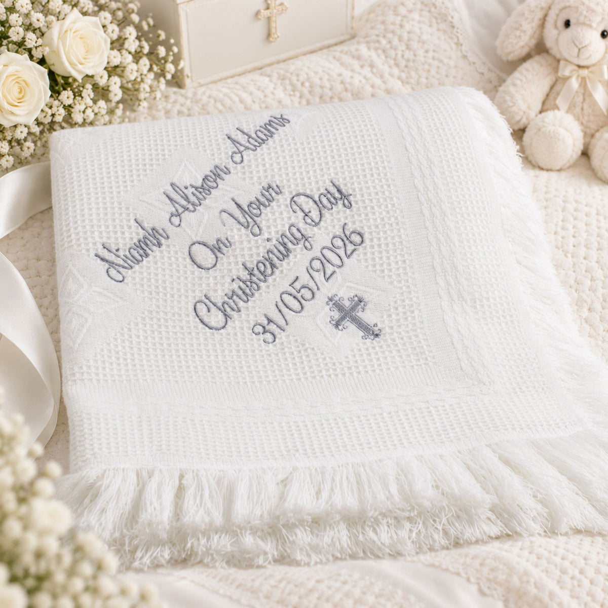 Personalised White Baby Shawl – Christening Shawl with Name & Date