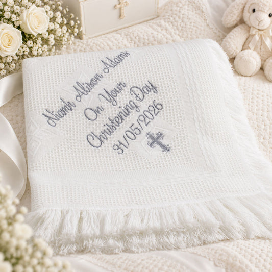 Personalised White Baby Shawl – Christening Shawl with Name & Date