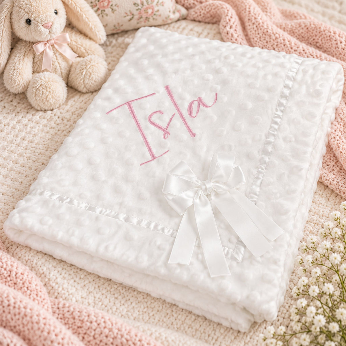 Personalised White Dimple Baby Blanket with Satin Bow