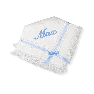 Personalised White Baby Shawl with Blue Ribbon – Christening Shawl