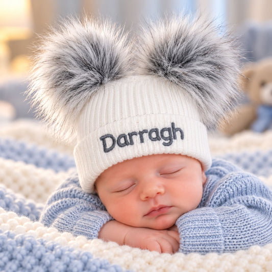 newborn white personalised pom hat