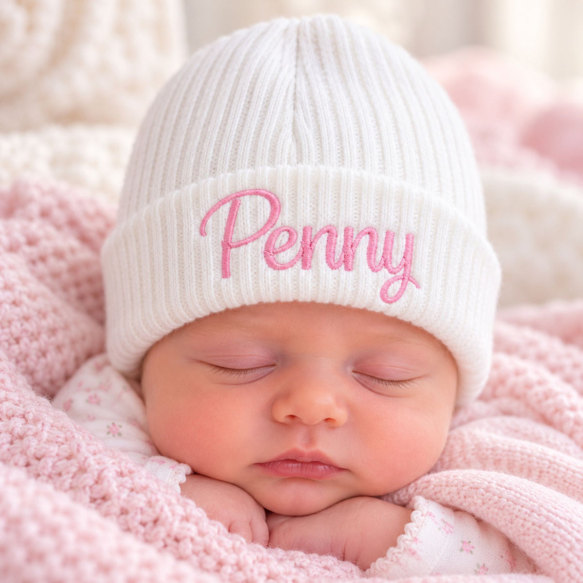 personalised newborn white beanie hat