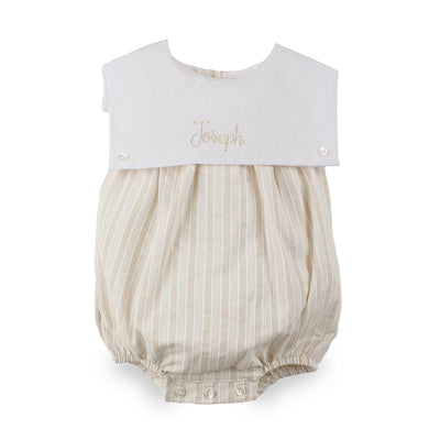 Personalised Baby Boys Beige & White Stripe Bubble Romper | Made in Portugal