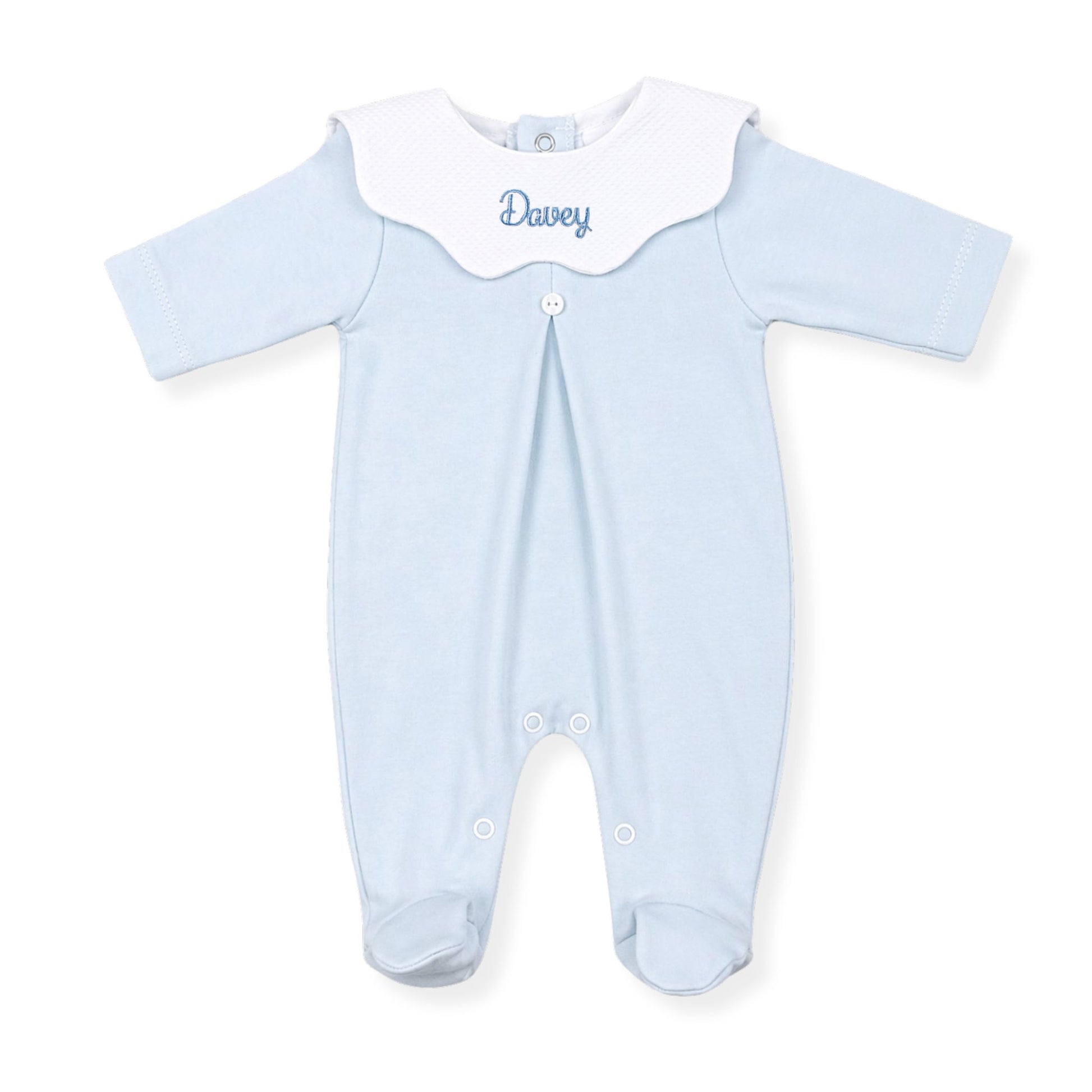 Personalised baby blue 100% cotton sleepsuit with embroidered white scalloped collar and choice of embroidery thread colour