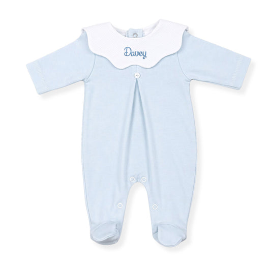 Personalised baby blue 100% cotton sleepsuit with embroidered white scalloped collar and choice of embroidery thread colour