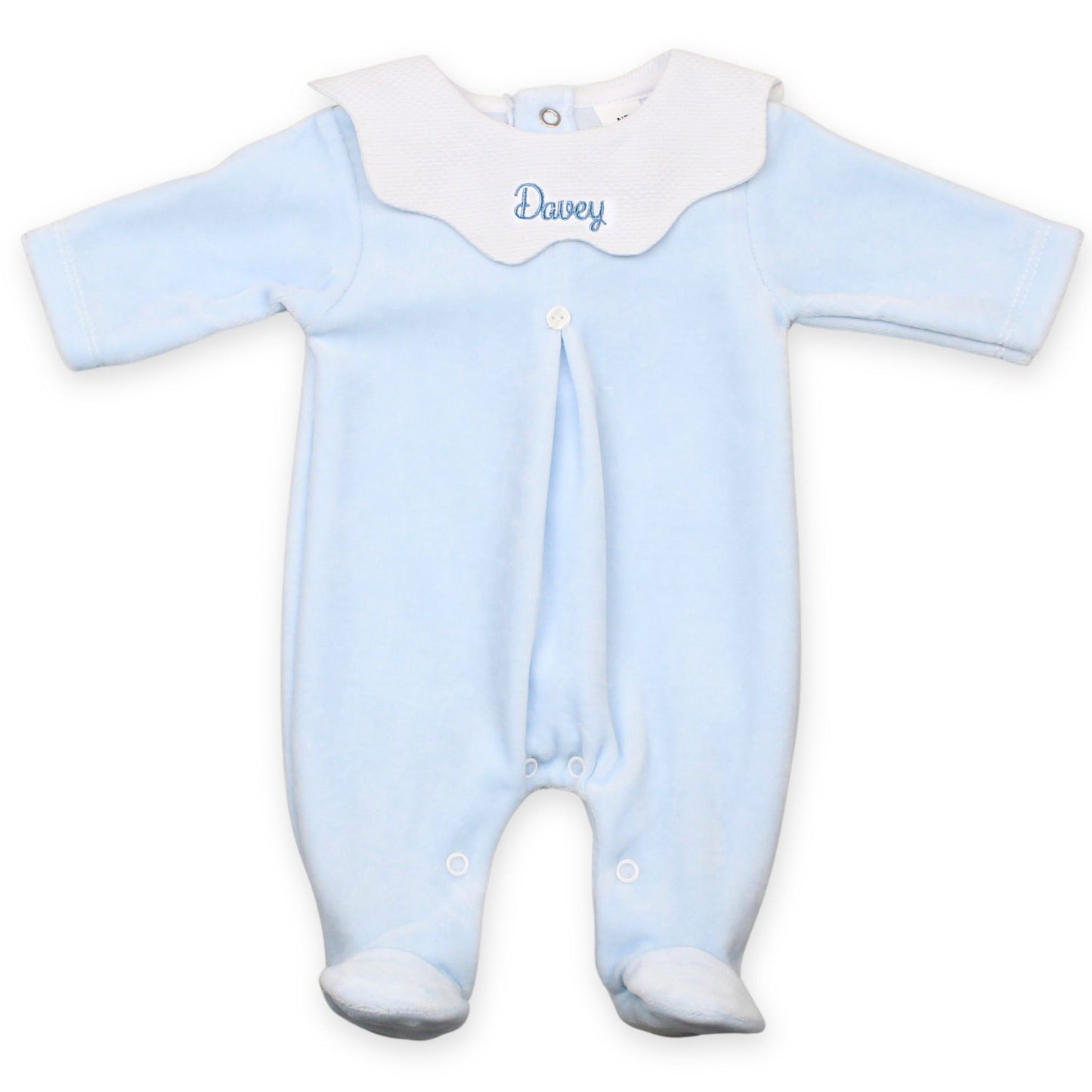 Personalised Baby Boys Blue Velour Sleepsuit