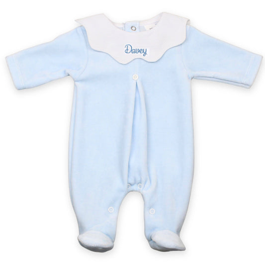 Personalised Baby Boys Blue Velour Sleepsuit