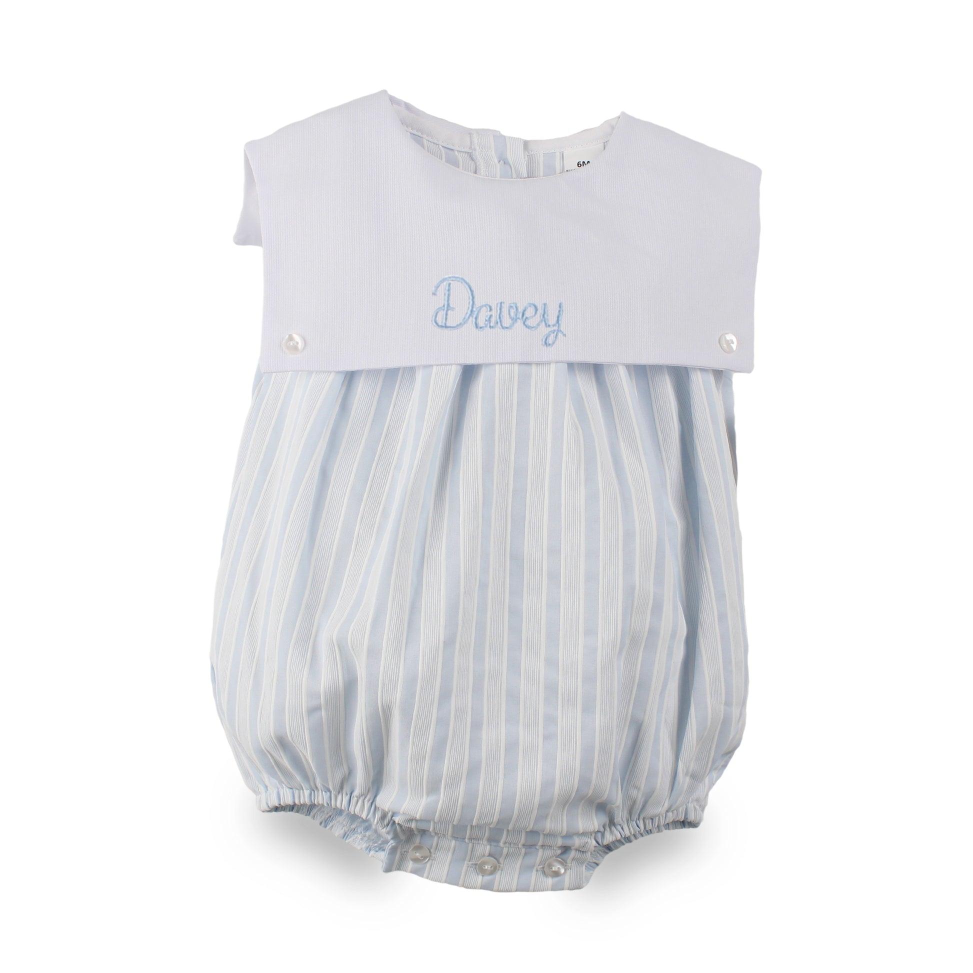 Personalised baby boys blue and white striped bubble romper embroidered with the name Davey on the white front panel.